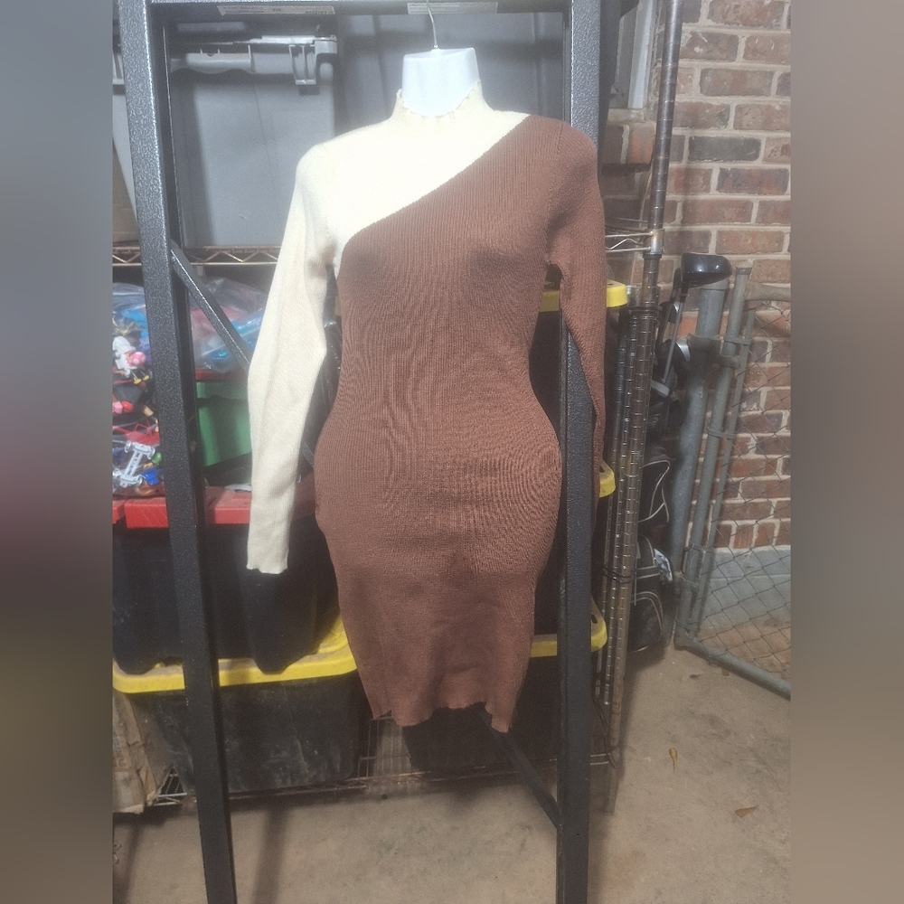 Say What? Asymmetrical Brown and Cream Dress